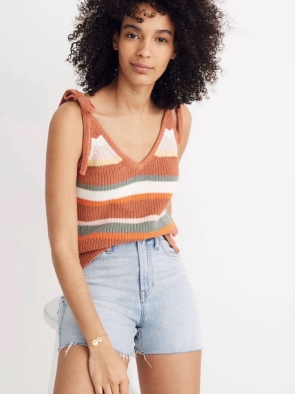 NWOT Madewell Grandfield Tie-Shoulder Striped Knit Tank Top - Rust Multi
